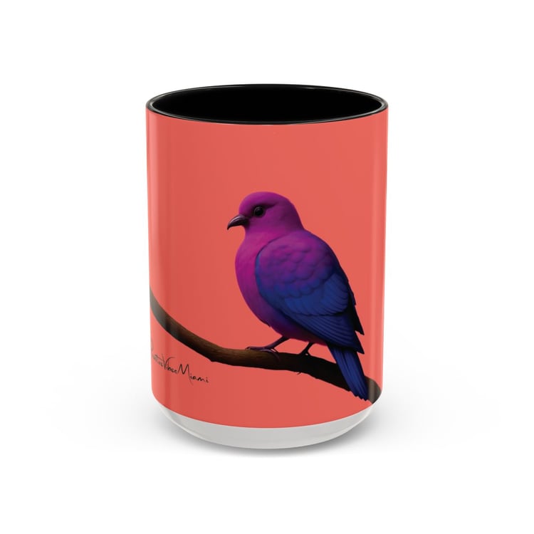 “Front view of ceramic mug featuring a jewel‑tone pigeon against a coral Miami‑sunset backdrop.”