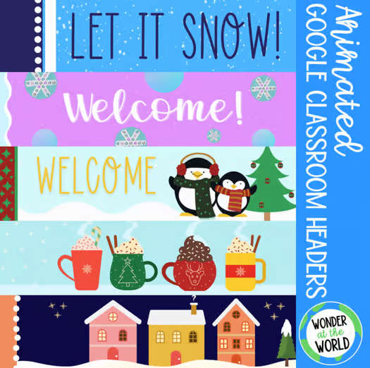 Animated winter Google Classroom headers banners set 1 for December January