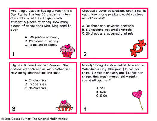 Story Problem Task Cards for February - 2nd Grade