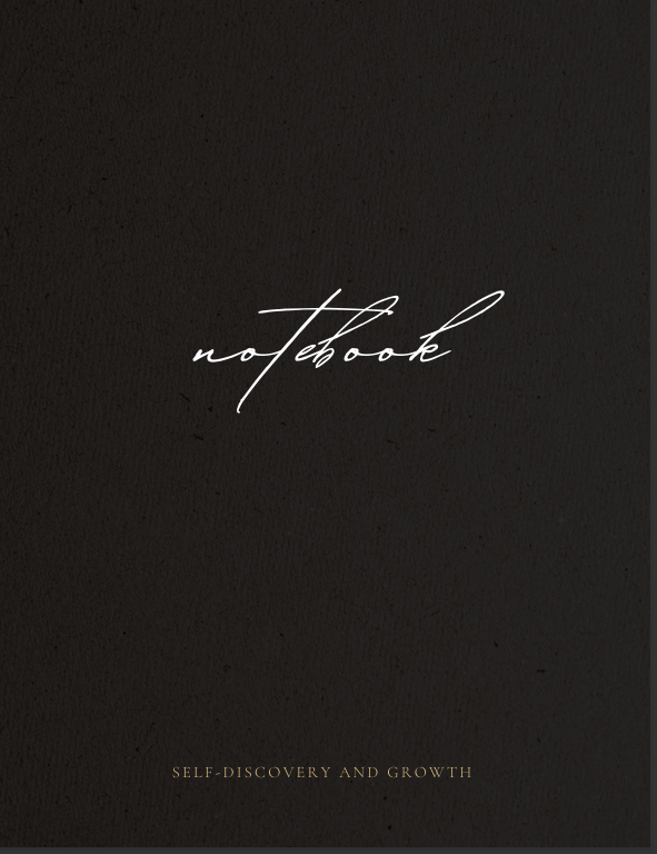 "Cover of black and white classic refined daily journal with elegant text SELF-DISCOVERY AND GROWTH notebook. Minimalist, clean, inviting."