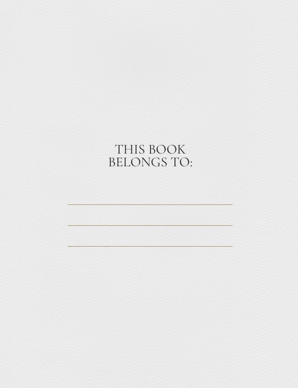 "Personalization page with text THIS BOOK BELONGS TO: and blank line for name – simple black and white design."
