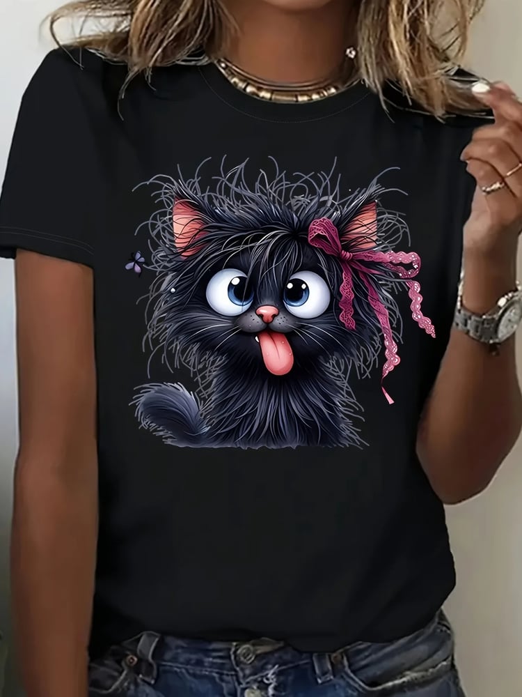 Cartoon black cat tee paired with denim shorts and sneakers