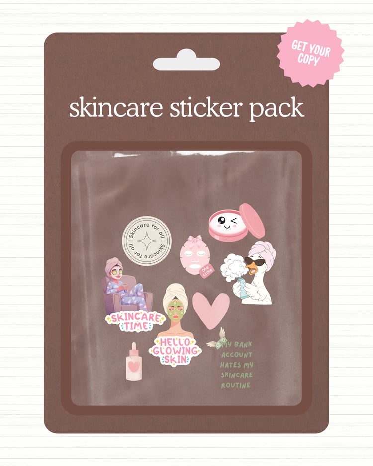 Product packaging mockup of an aesthetic skincare digital sticker pack. The stickers are displayed inside a clear pouch on a brown card with the title "skincare sticker pack" and a pink "GET YOUR COPY" badge. Illustrations include a girl with a face mask,