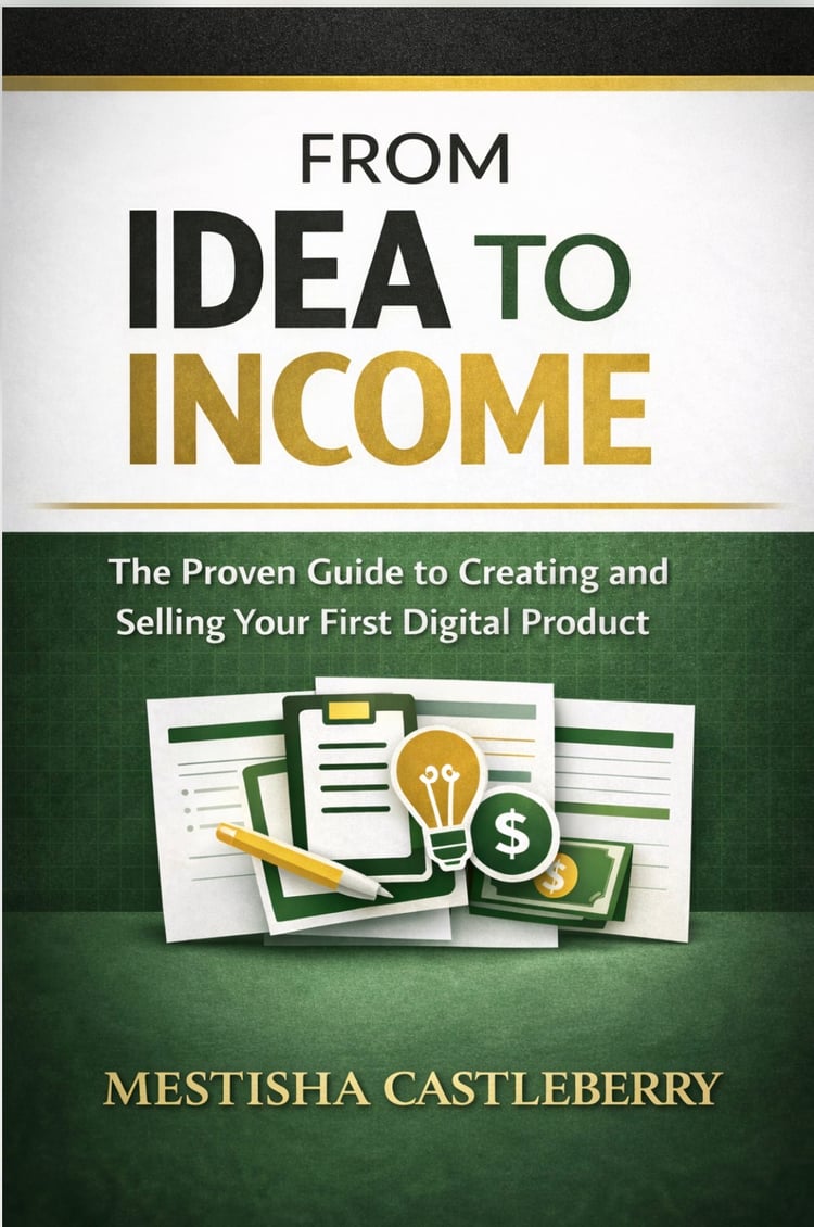 Book cover for “From Idea to Income,” a digital product creation guide by Mestisha Castleberry in green and gold branding.