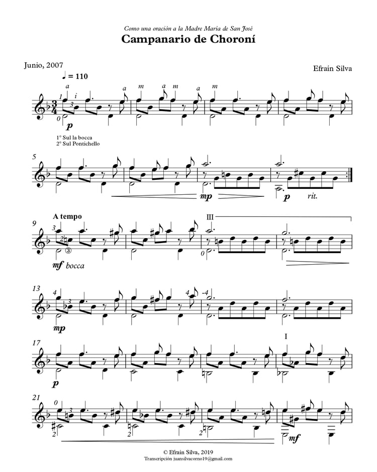 Campanario de Choroní, Efrain Silva, Solo Guitar, Guitarra Sola, Choroní, Madre Maria de San Jose, Venezuelan Music, Sacred Music, Aragua, Sheet Music, Partituras, Latin American Guitar, Encuentro Guitarristico de Choroní.