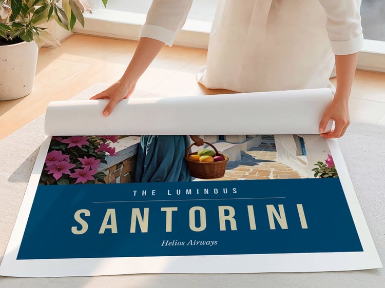 Person unrolling a large printed art poster — digital download art print ready to print at home or professionally