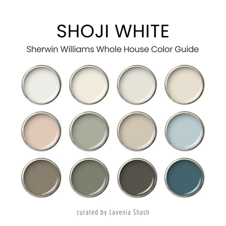 Sherwin Williams Shoji White paint palette. Whole house color scheme with neutrals and coordinating colors. Paint colors for home with white, beige, greige, green, blue, and brown. Interior design color scheme created by Lavenia Shash.