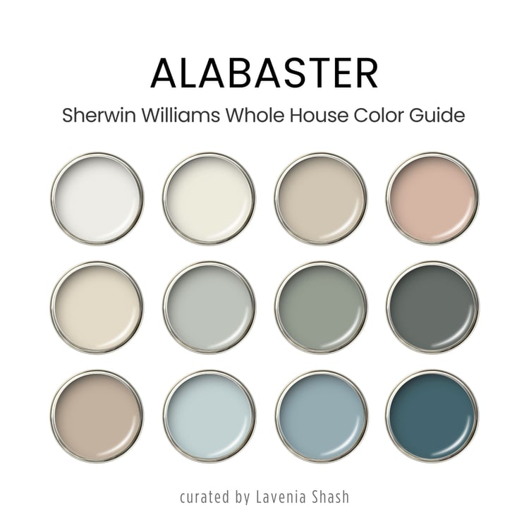 Sherwin Williams Alabaster paint palette. Whole house color scheme with neutrals and coordinating colors. Paint colors for home with white, beige, greige, green, blue, and blush pink. Interior design color scheme created by Lavenia Shash