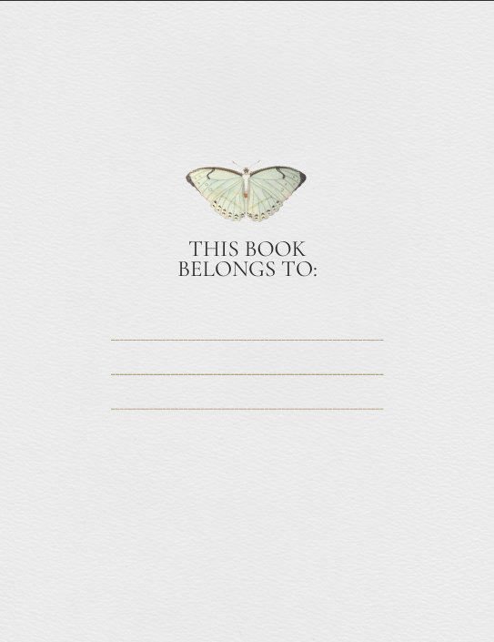 "Personalization page with text THIS BOOK BELONGS TO: and blank line for name – soft black and beige minimalist layout."