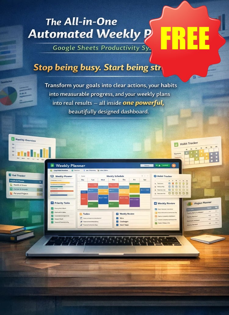 Main cover of the Free Ultimate Strategic Life Planner for Google Sheets, featuring a dashboard on a laptop with a bright red "FREE" badge in the corner.