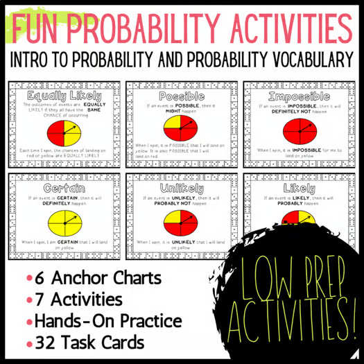 Probability - Games, Vocabulary, Spinners, Dice, Coins, Worksheets, Posters