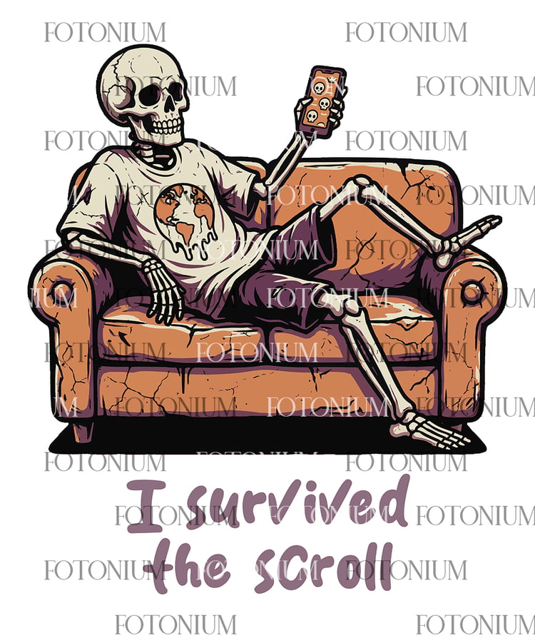 I Survived the Scroll – Lazy Skeleton Couch Graphic | Funny Doomscrolling T-Shirt Design