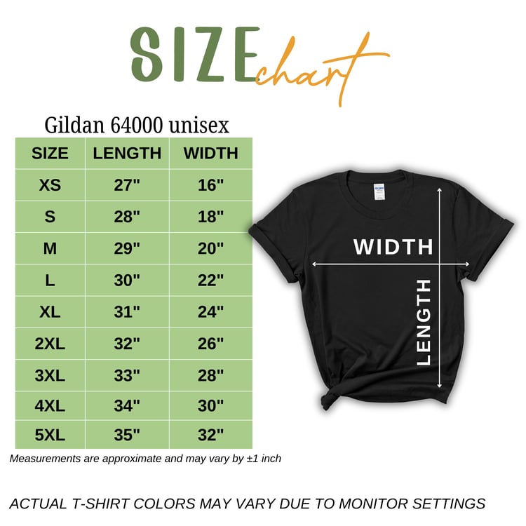 Gildan 64000 shirt Size chart