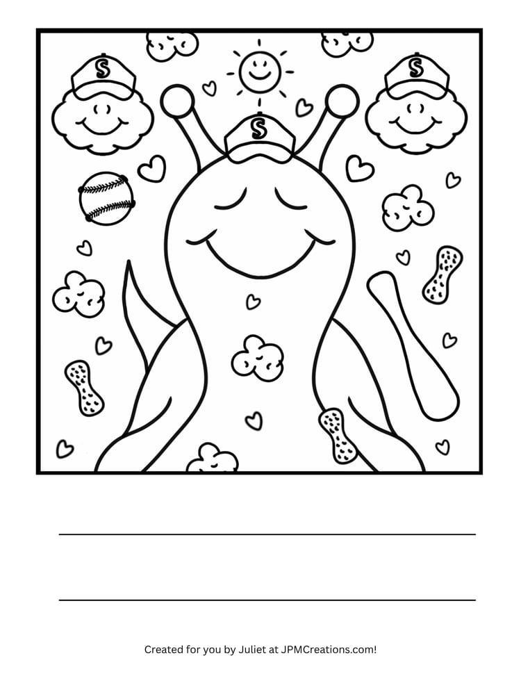 Cute Snail “Let’s Play Ball! Baseball” Coloring Page (Letter Size)