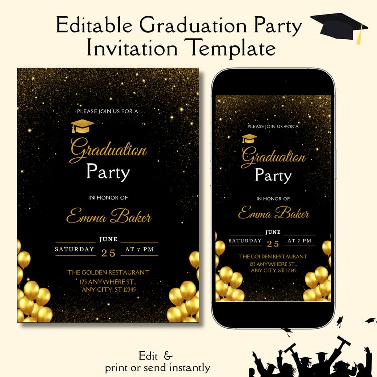 Editable Elegant Gold Black Graduation Party Invitation Template