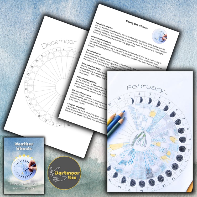 Nature journalling weather wheels with moon phase circles, weather sketches