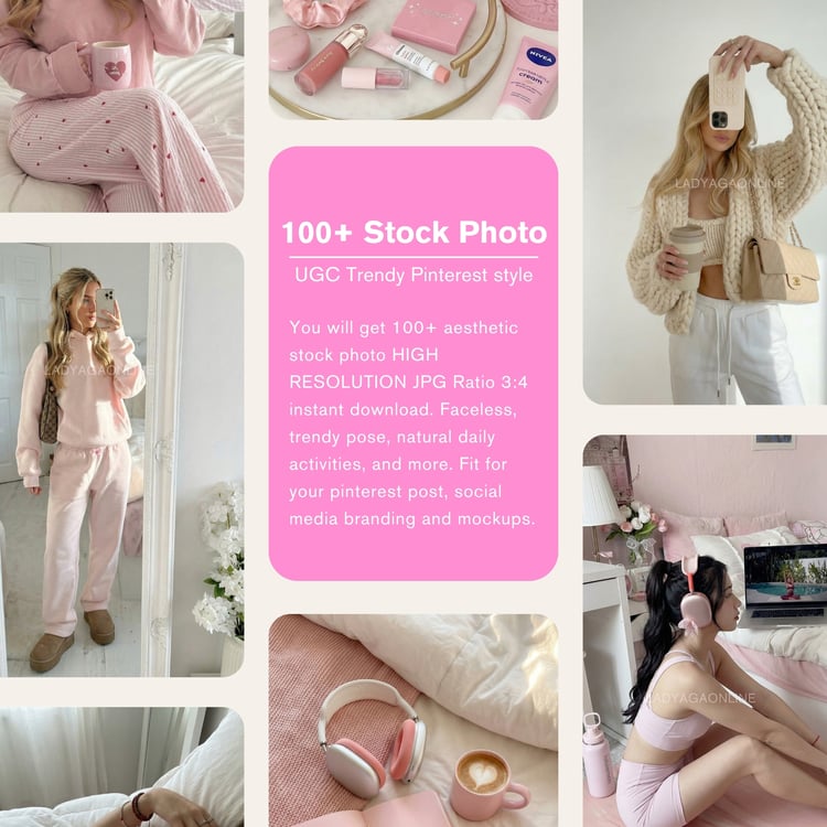 UGC Lifestyle Stock Photos, This Pinterest-inspired Clean Girl Pink Woman Image Bundle features stunning, vibrant images perfect for your social media posts.