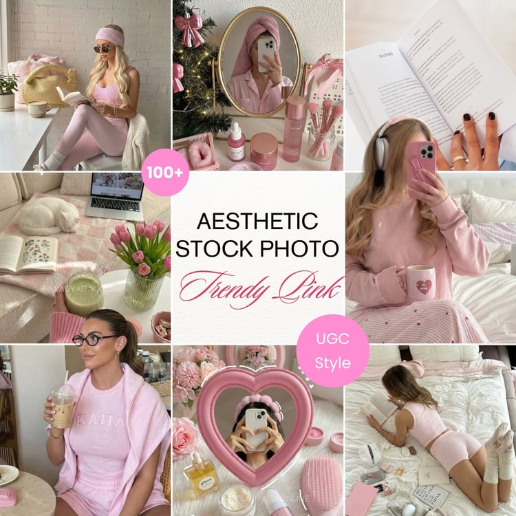 UGC Lifestyle Stock Photos, This Pinterest-inspired Clean Girl Pink Woman Image Bundle features stunning, vibrant images perfect for your social media posts.