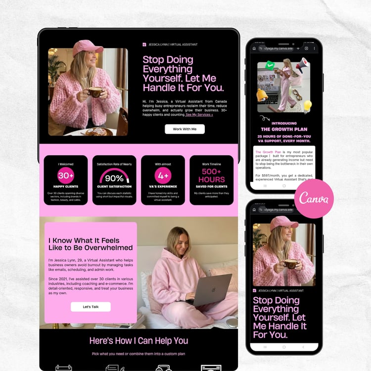 A smartphone displays a Canva design with pink and white text. The text reads "You're stuck working in your business instead of on it." Additional pages detail a growth plan and business advice. The overall theme is business and entrepreneurship.