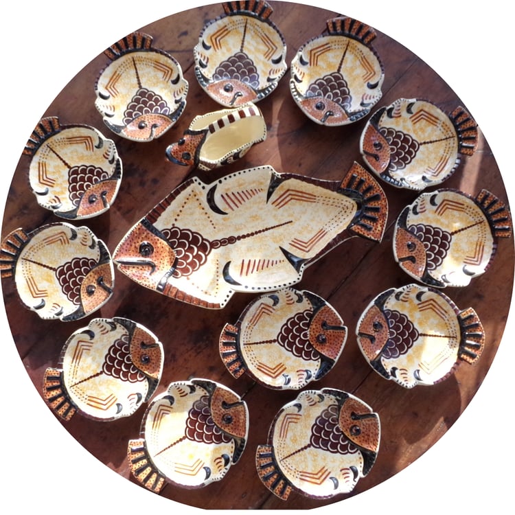 Rare 1950s French faience fish dinner set by Paul Fouillen
