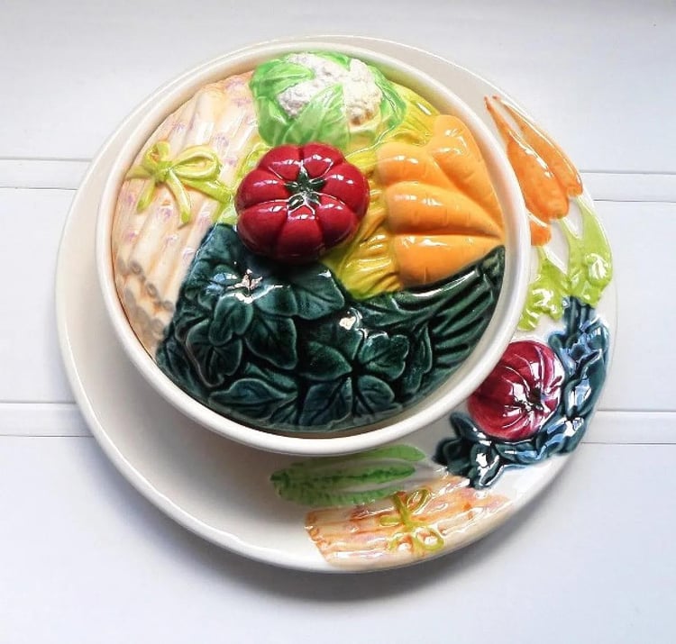 michel caugant majolica vegetables soup tureen with plate