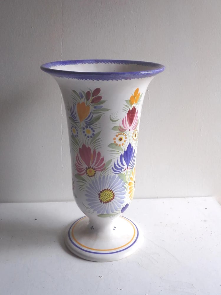 vivid colored Tall Quimper vase  fleuri royal motif