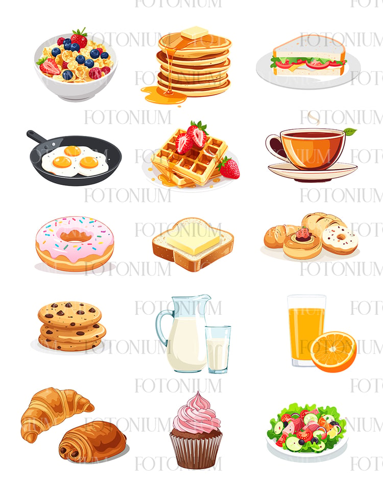 Breakfast Food Vector Bundle – Pancakes, Eggs, Coffee, Donut, Waffles, Croissant, Juice, Milk, Sandwich – Clipart Set