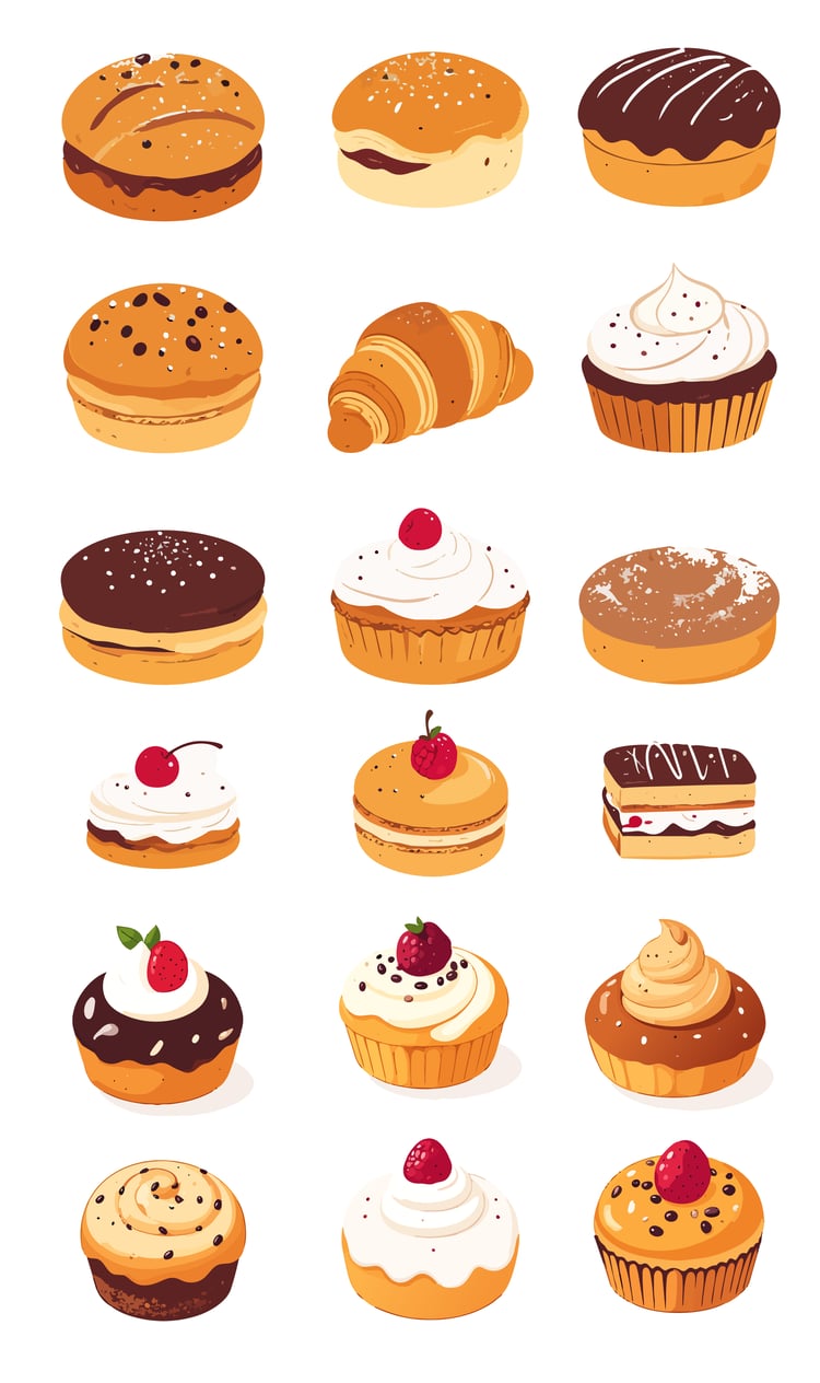 Bakery Desserts Vector Bundle – Donuts, Cupcakes, Croissant, Pastries, Macarons, Cakes – Bakery Clipart Set