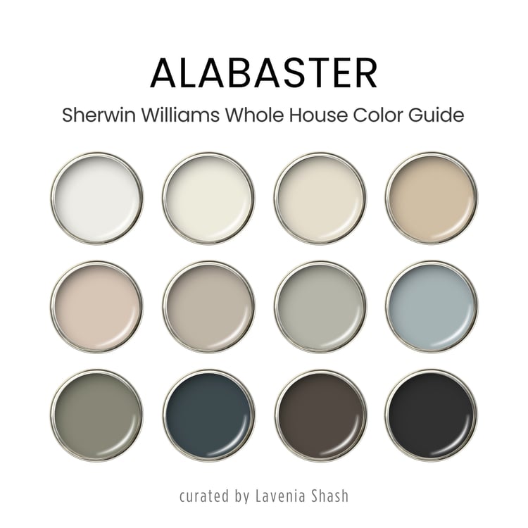 Sherwin Williams Alabaster paint palette. Whole house color scheme with neutrals and coordinating colors. Paint colors for home with white, beige, greige, green, blue, brown and black. Interior design color scheme created by Lavenia Shash.