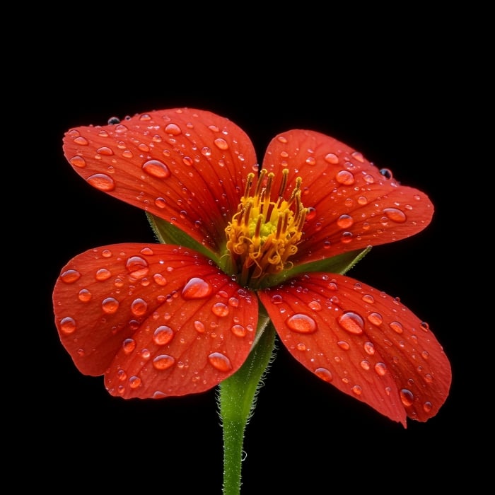 Red Flower, Flower, Waterdrops, Closeup, Black Background, Wallpaper, Isolated, Photography - Ai Generated