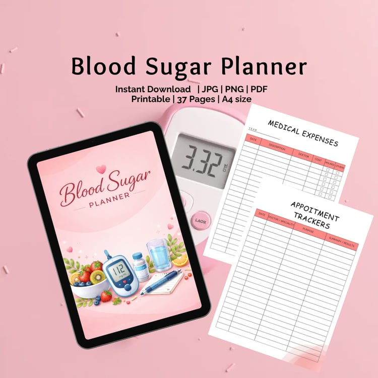 Blood Sugar Planner printable with daily glucose and health tracking pages
