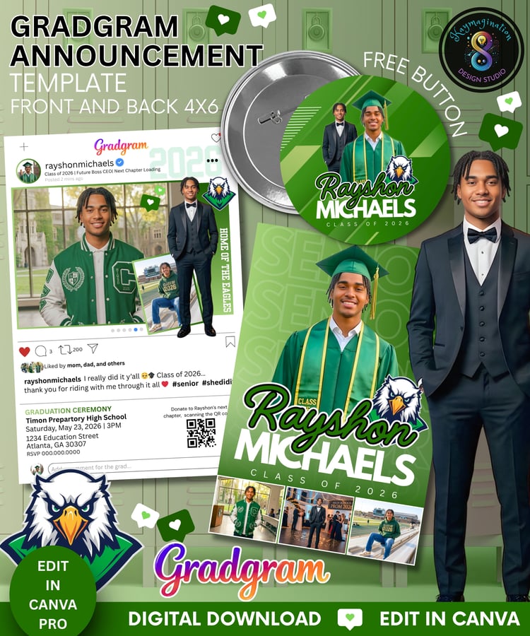 gradgram template graduation announcement template editable graduation invite class of 2026 template canva graduation template grad announcement card photo graduation announcement senior graduation bundle graduation button template green graduation theme 