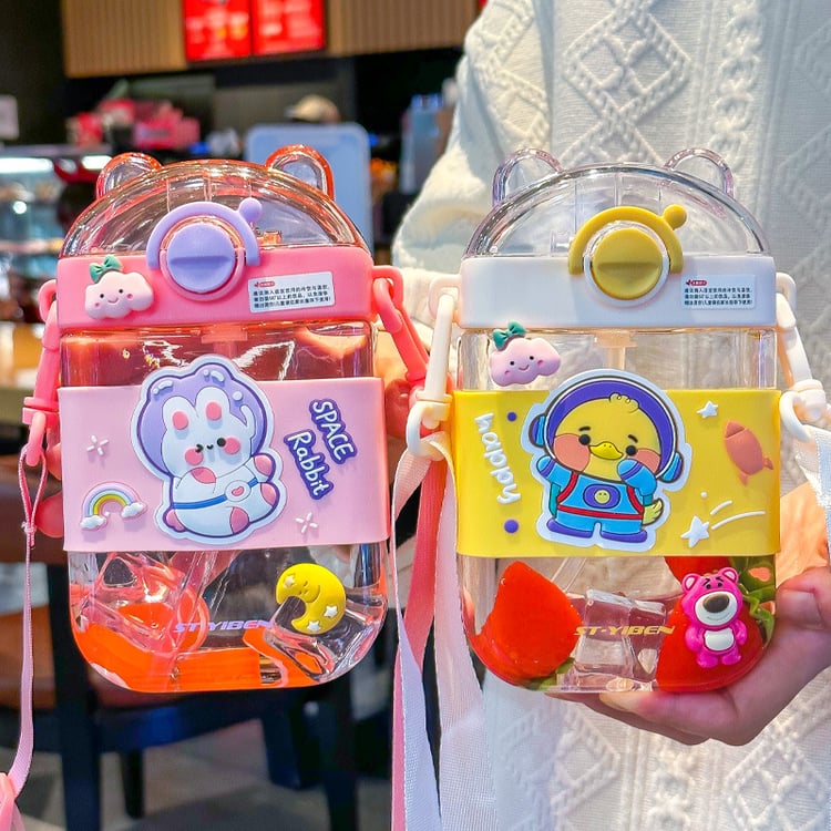 Yellow cartoon kids water bottle with straw and portable sling