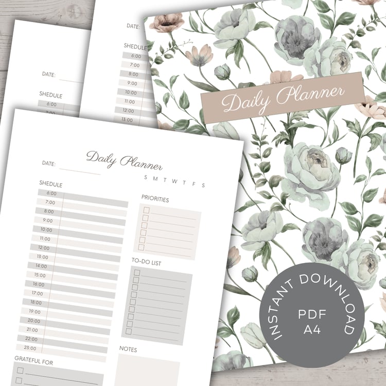 Floral daily planner set with cover and inside pages, featuring schedule, priorities, to-do list, notes, and gratitude sections, labeled ‘Instant Download PDF A4.