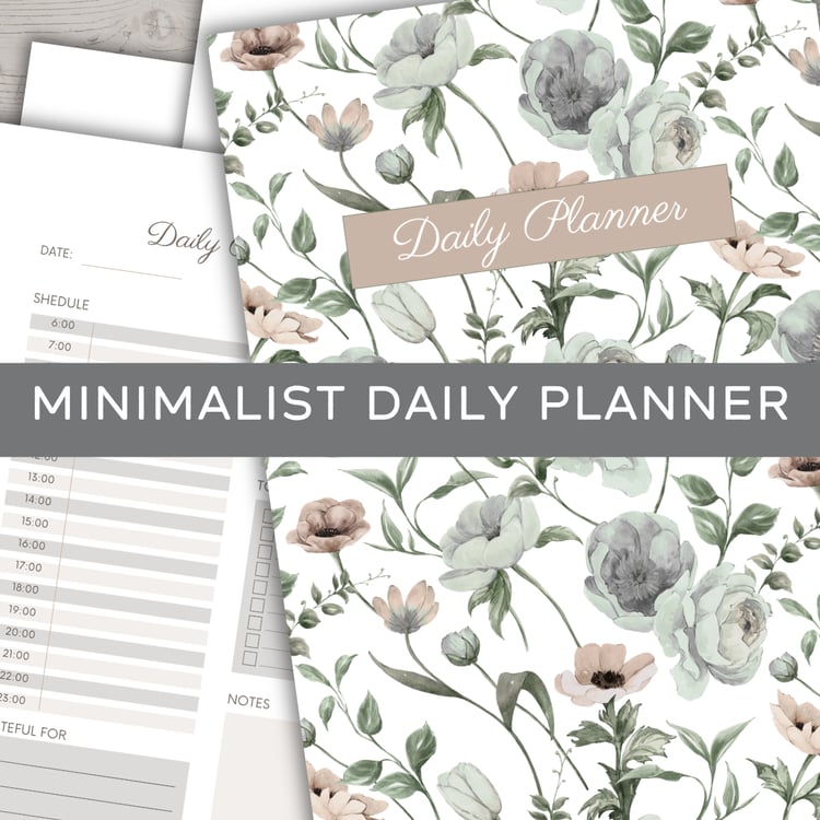 Floral-themed daily planner cover with beige label reading ‘Daily Planner,’ partially showing inside page layout for tasks and notes