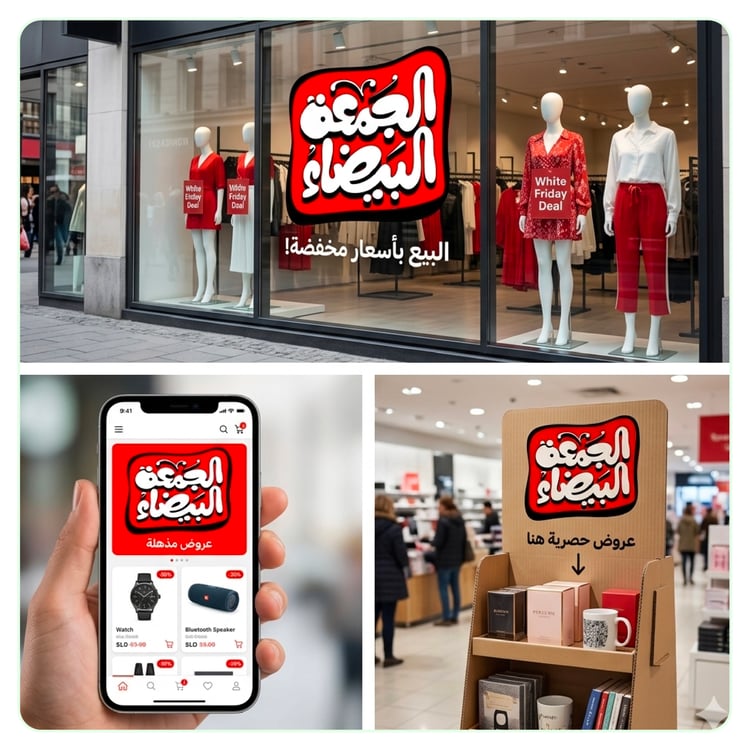 White Friday Arabic calligraphy design applied to a large printed retail banner hung above a storefront entrance, showing the freehand script at full scale in a real commercial advertising context.