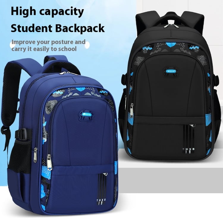 Black and blue school backpack with front zipper pockets and accessory storage
