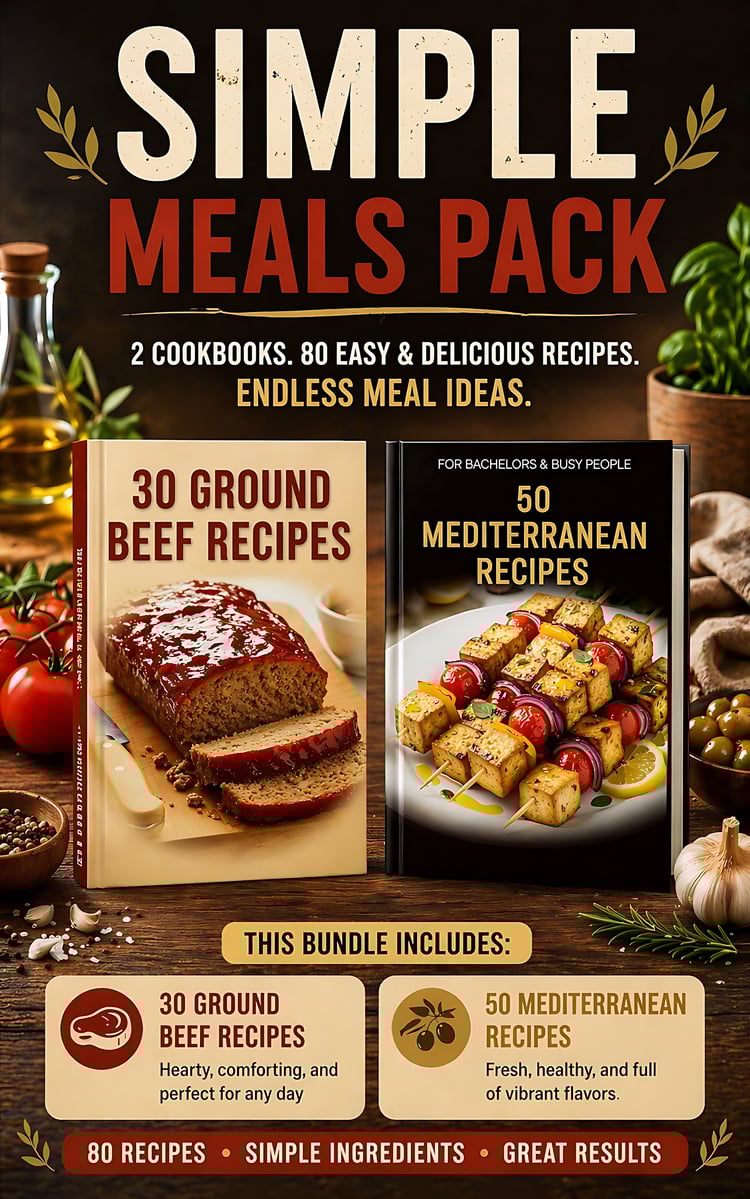 Simple Meals Pack recipe bundle featuring quick easy recipes, Mediterranean meals and simple home cooking for busy moms