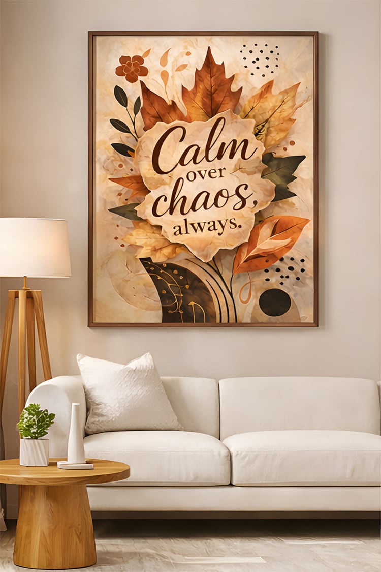 Close-up of autumn leaf illustration showing detailed textures, layered foliage, and warm orange and brown tones in a modern boho botanical design.