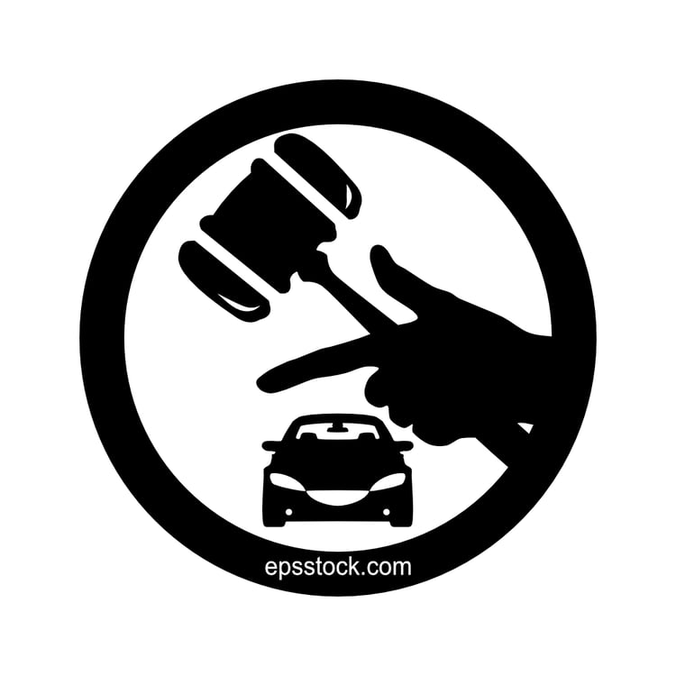 index finger of hand with hammer pointing to car auction, black isolated silhouette
