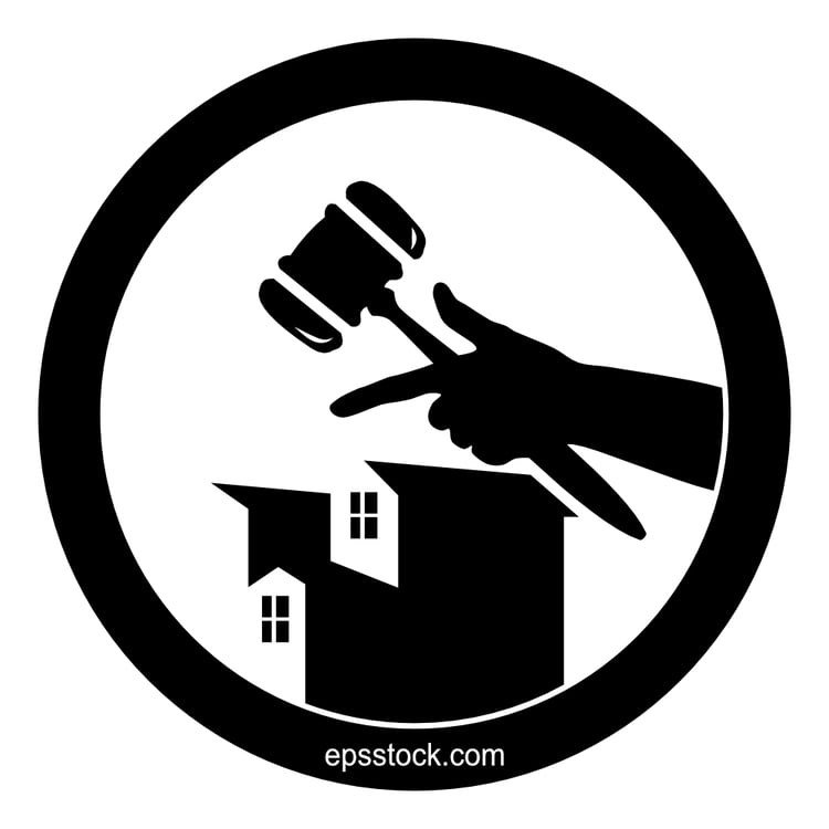 index finger of hand with hammer pointing to house auction, black isolated silhouette