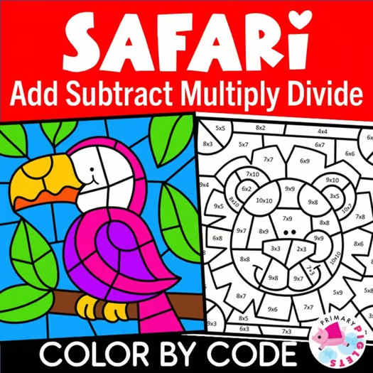 SAFARI ZOO Color by Number Code Addition Subtraction Multiplication Division
