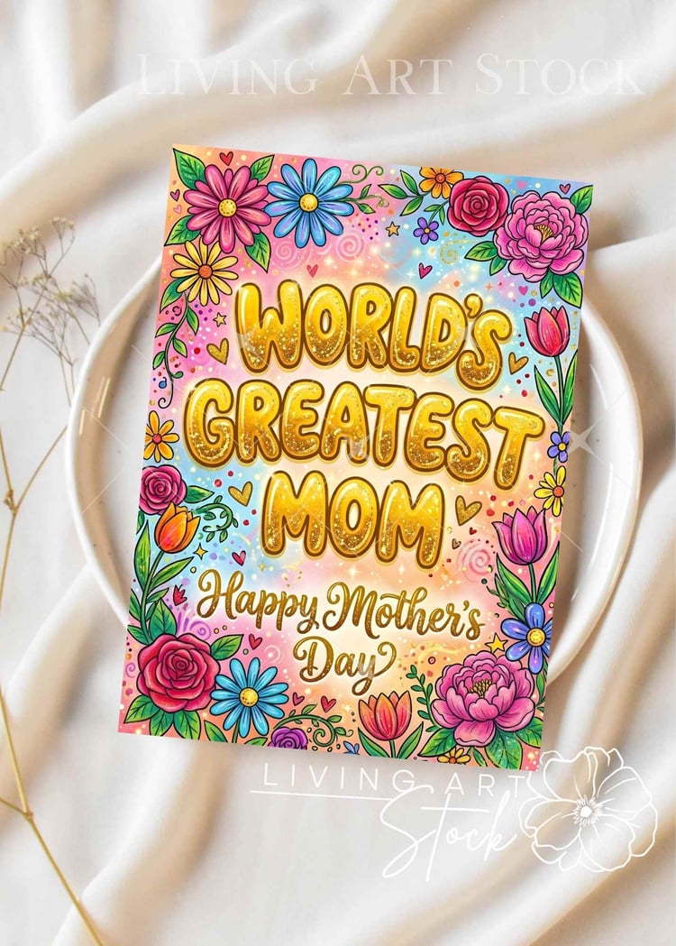 Worlds greatest mom, Happy Mothers Day Card with doodle art flowers and bubble text