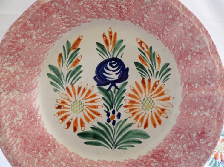 Antique tin-glazed earthenware Quimper dinner plates with pink rim