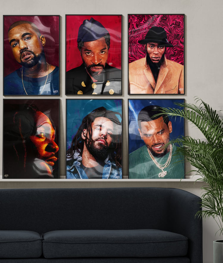 hip hop canvas set featuring Kanye West and Kendrick Lamar wall art rap icons wall decor canvas prints set hip hop portrait wall art for living room limited edition rapper canvas prints modern hip hop gallery wall art set