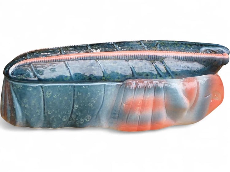 vintage Rare Blue and pink Lobster Faience Pate dish terrine signed Michel Caugant