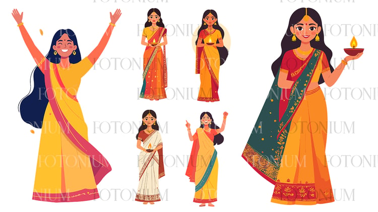 Indian Woman Diwali Illustration Bundle – Saree Characters Holding Diya, Festive Celebration Vector Clipart Set - Free