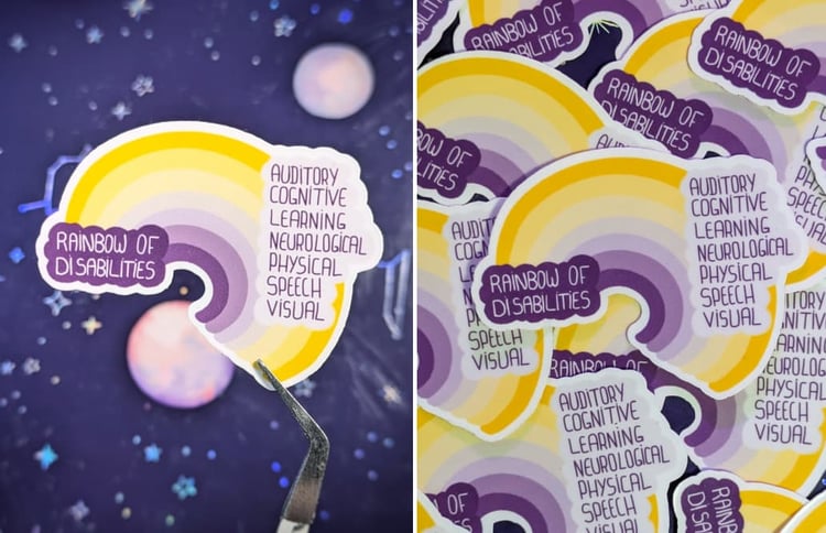 Rainbow of Disabilities sticker with a retro rainbow in yellow and purple. Text lists disability types: Auditory, Cognitive, Learning, Neurological, Physical, Speech, Visual.
