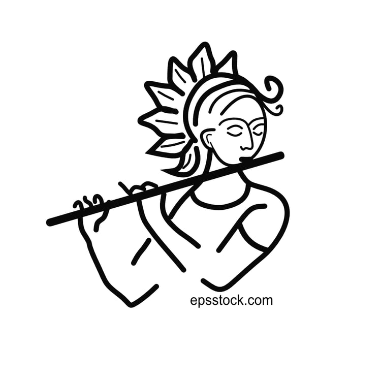 lord krishna playing bansuri flute, black vector silhouette