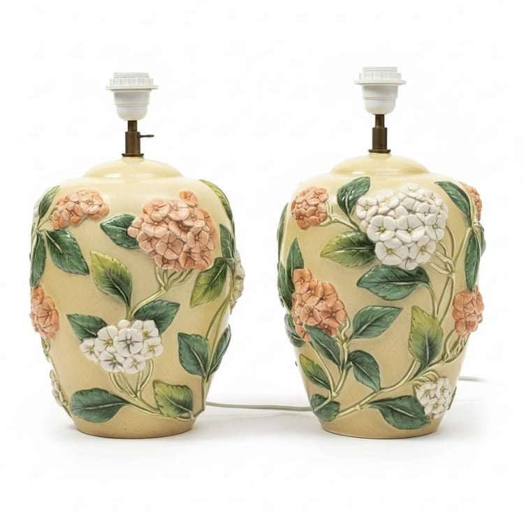 French Ceramic/table lamps in polychrome barbotine (thick slip-paint relief) decorated with hydrangea motifs in pinks, purples and greens